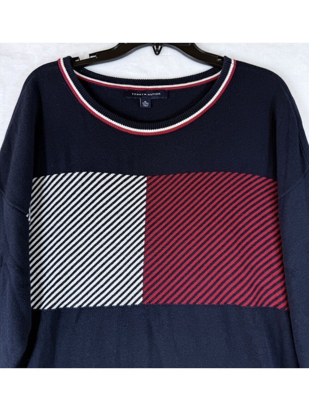 Tommy Hilfiger Sweater XL Top Long Sleeve Navy Blue Red Logo Womens Pullover